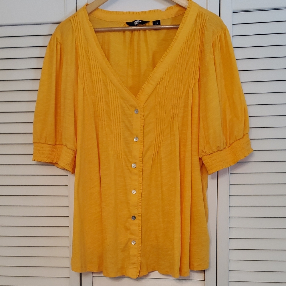 Lands' End Puff Sleeve Pintuck Button-up Top Sweet Mango Yellow Gold, Size 2X